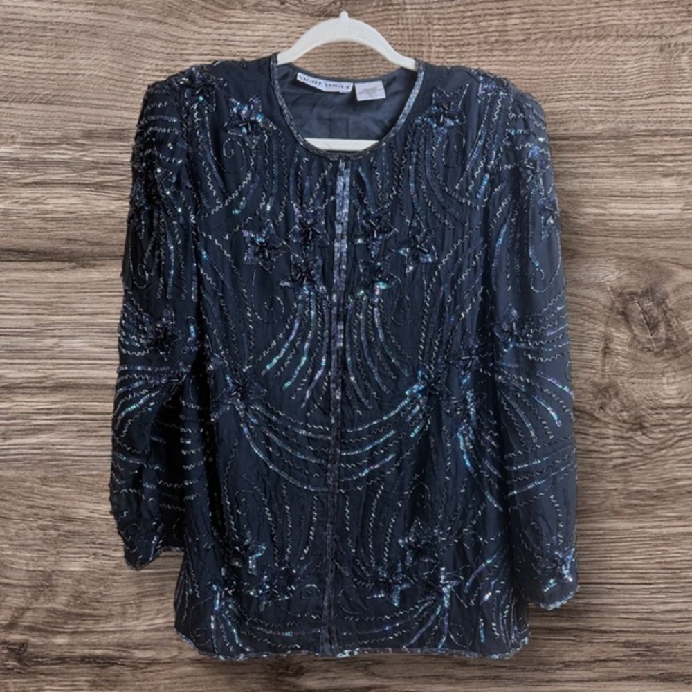 Vintage Night Vogue black silk beaded jacket. xL stars celestial